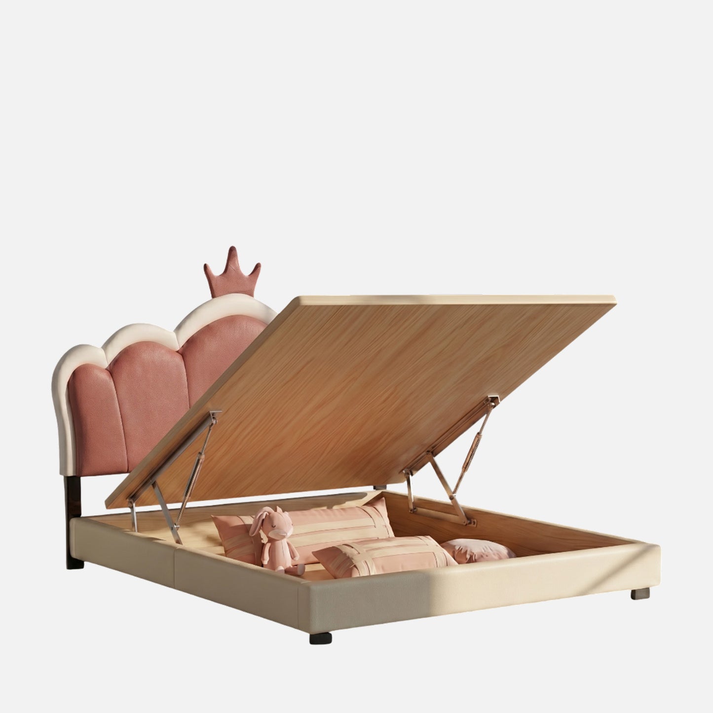 Little Queen Leatherette Kids Twin Bed with Hydraulic Storage in White and Pink