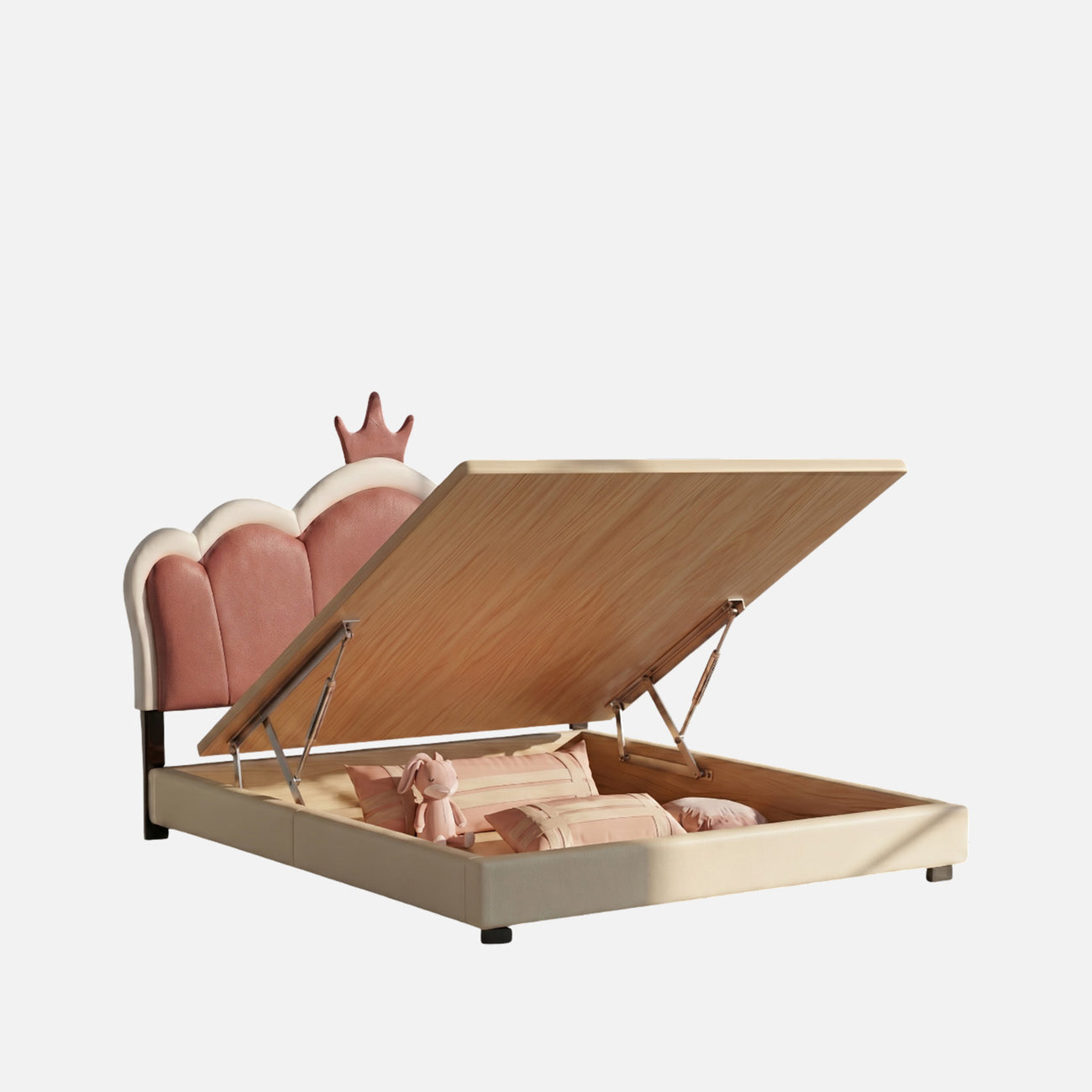 Dreamy Palace  Leatherette Kids Twin Bed with Hydraulic Storage in Pink and White