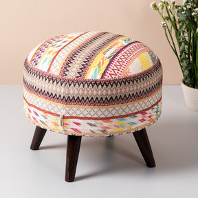 Hues Jacquard Wooden Ottoman in Multicolor