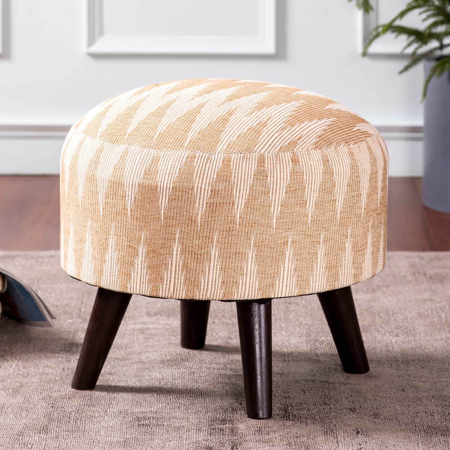 Crest Jacquard Wooden Ottoman in Beige Color