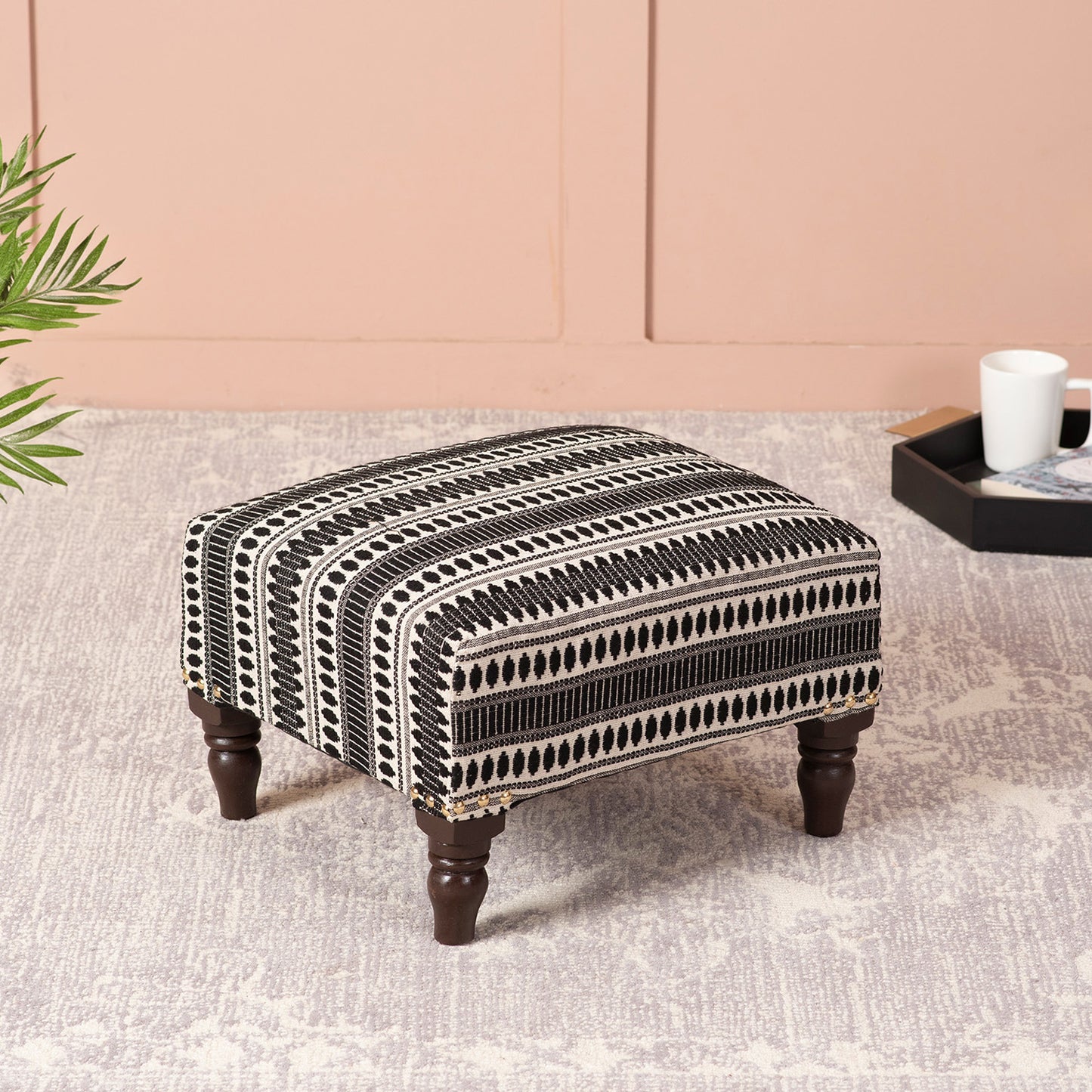 Buy Bohemian Jacquard Wooden Footrests in Black & White Color Online