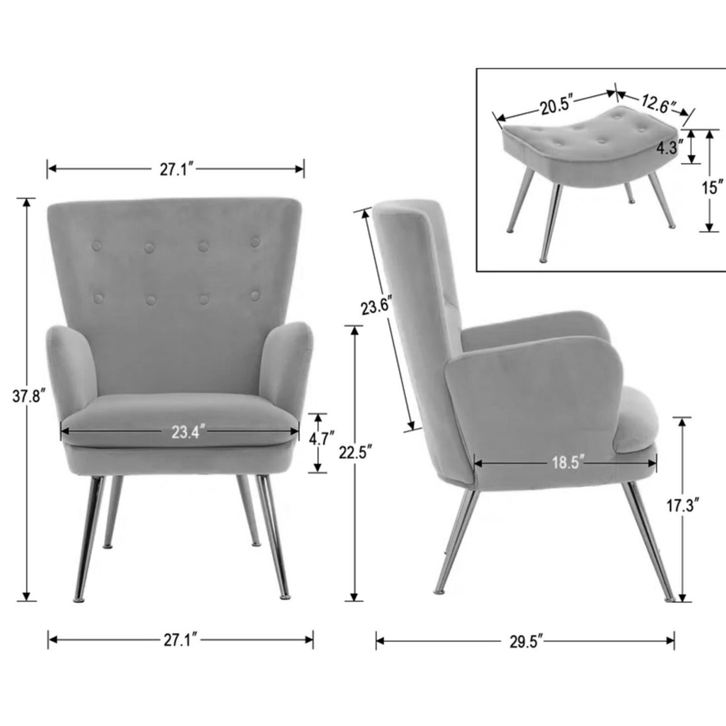 Buy Now Velvet High-Back Accent Chairs With Ottoman Footrest Grey Online Store