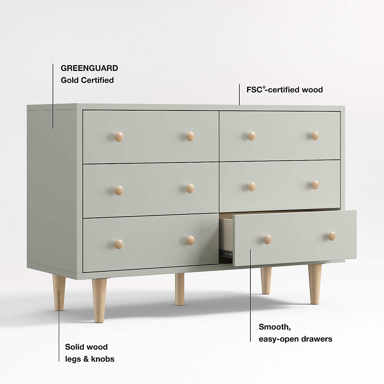 Finn 51" Sage Green Wood Wide 6-Drawer Kids Dresser