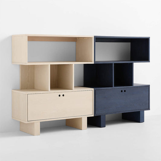 Converse Vent Whitewashed Ash and Dyed Navy Blue Wood Kids Bookcase Set with Drawer