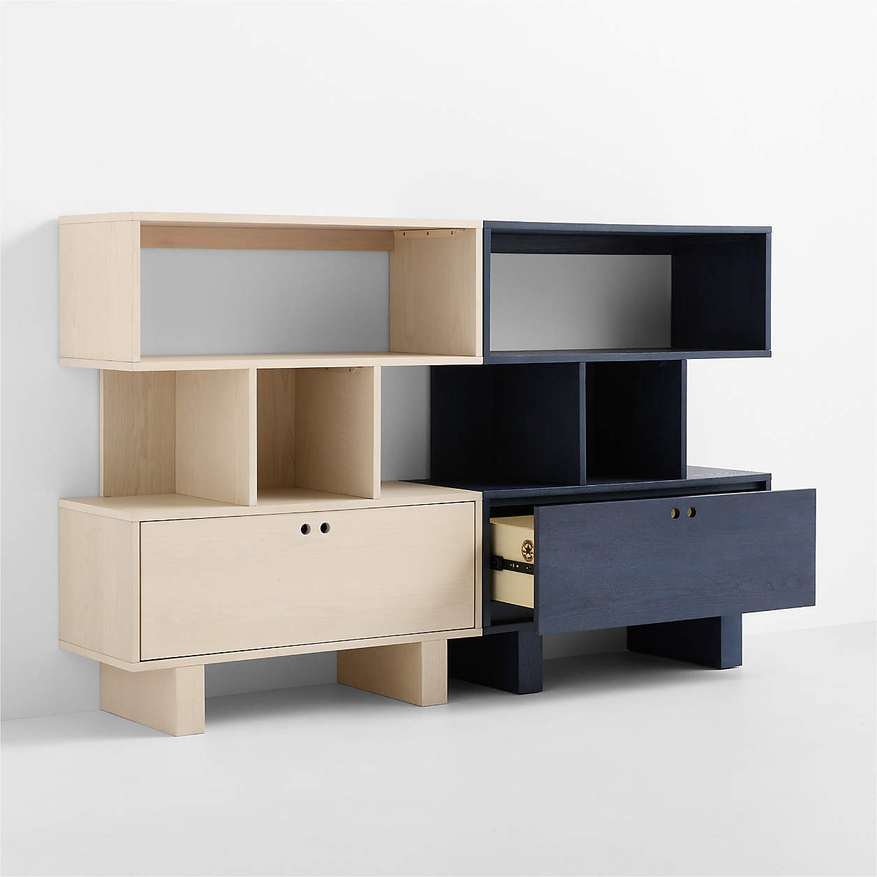 Converse Vent Whitewashed Ash and Dyed Navy Blue Wood Kids Bookcase Set with Drawer