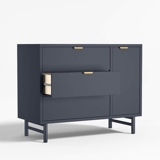 Classic 44" Deep Navy Blue Wood 3-Drawer Kids Dresser with Door