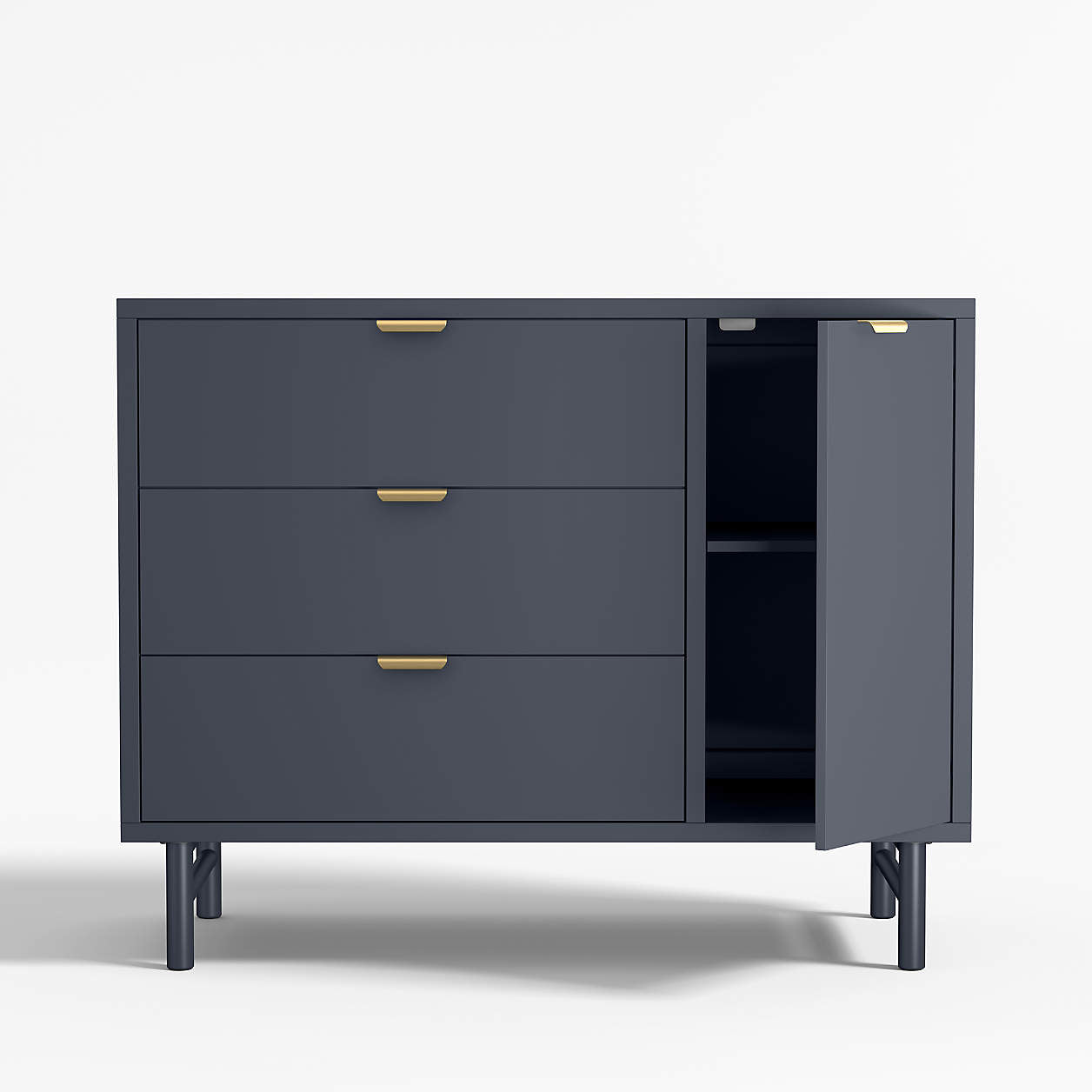 Classic 44" Deep Navy Blue Wood 3-Drawer Kids Dresser with Door