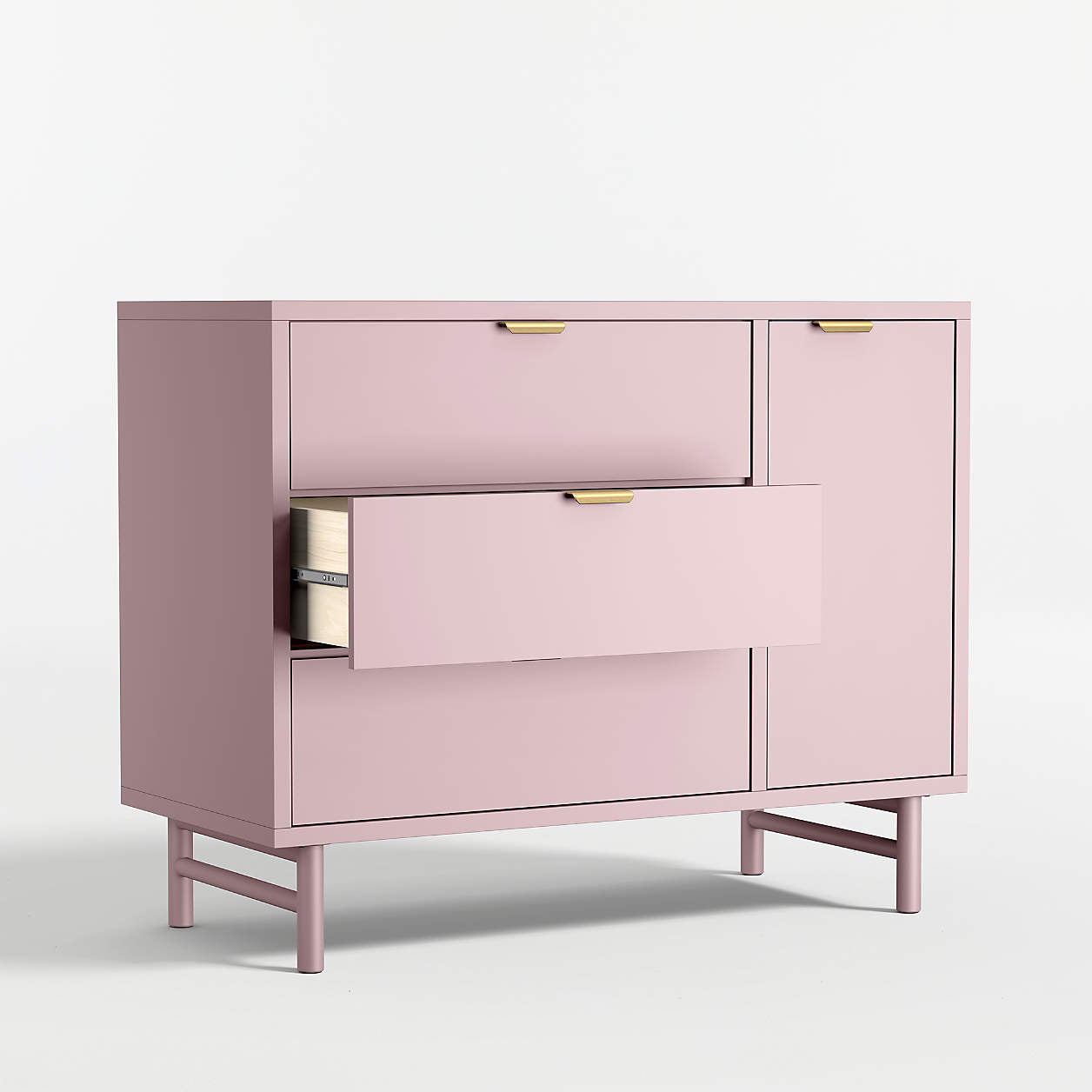 Classic 44" Lilac Rose Wood 3-Drawer Kids Dresser with Door