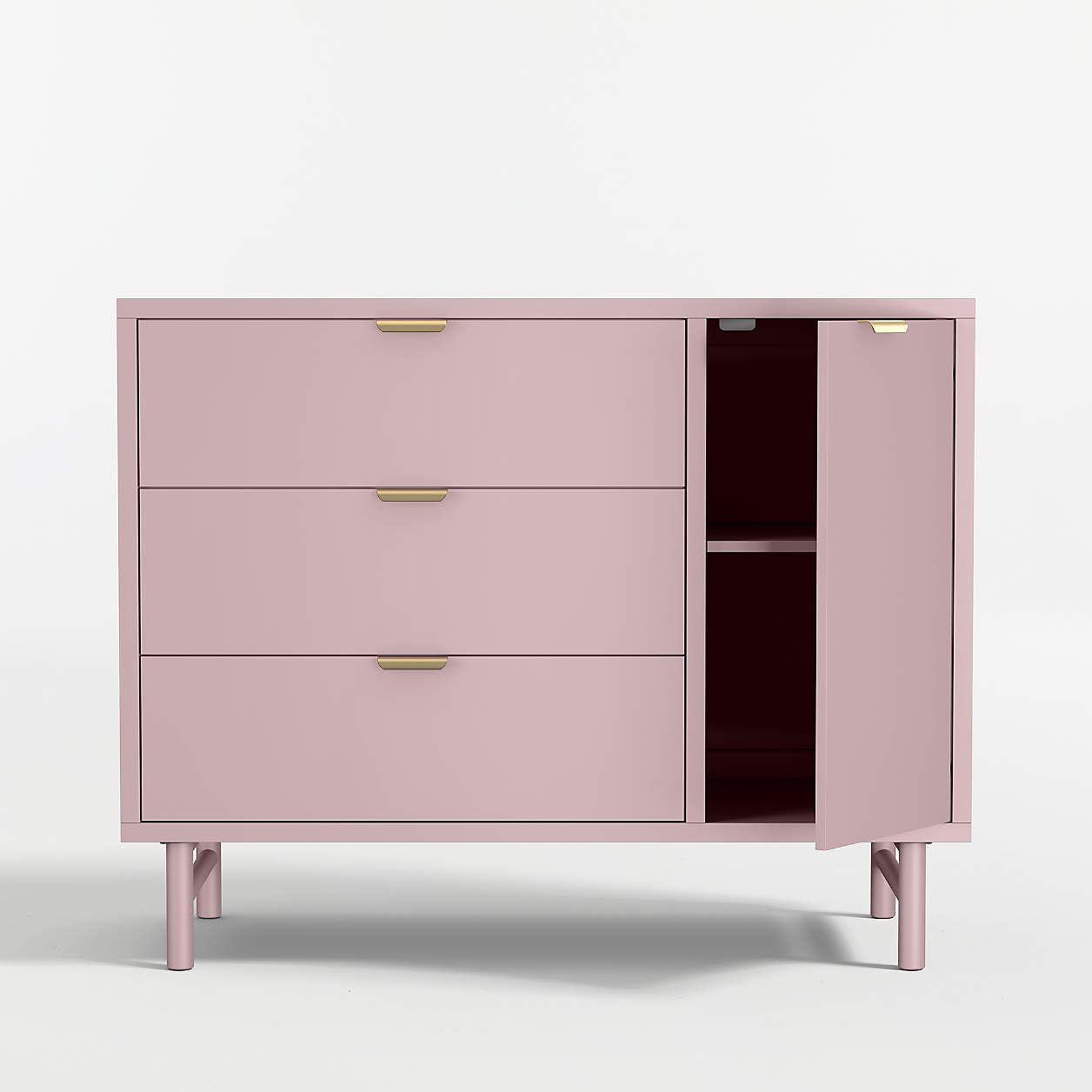 Classic 44" Lilac Rose Wood 3-Drawer Kids Dresser with Door