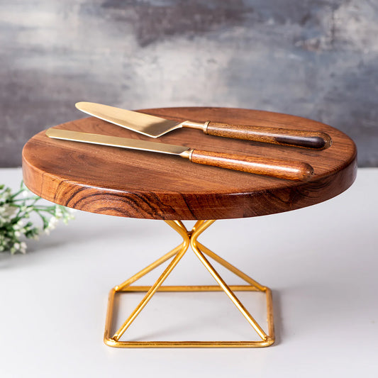 Brawnie Cake Server - Set Of 2 with Teak Wood Cake Stand