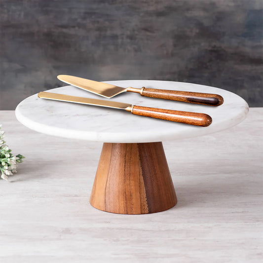 Marble Cake Stand With Brawnie Cake Server - Set Of 2