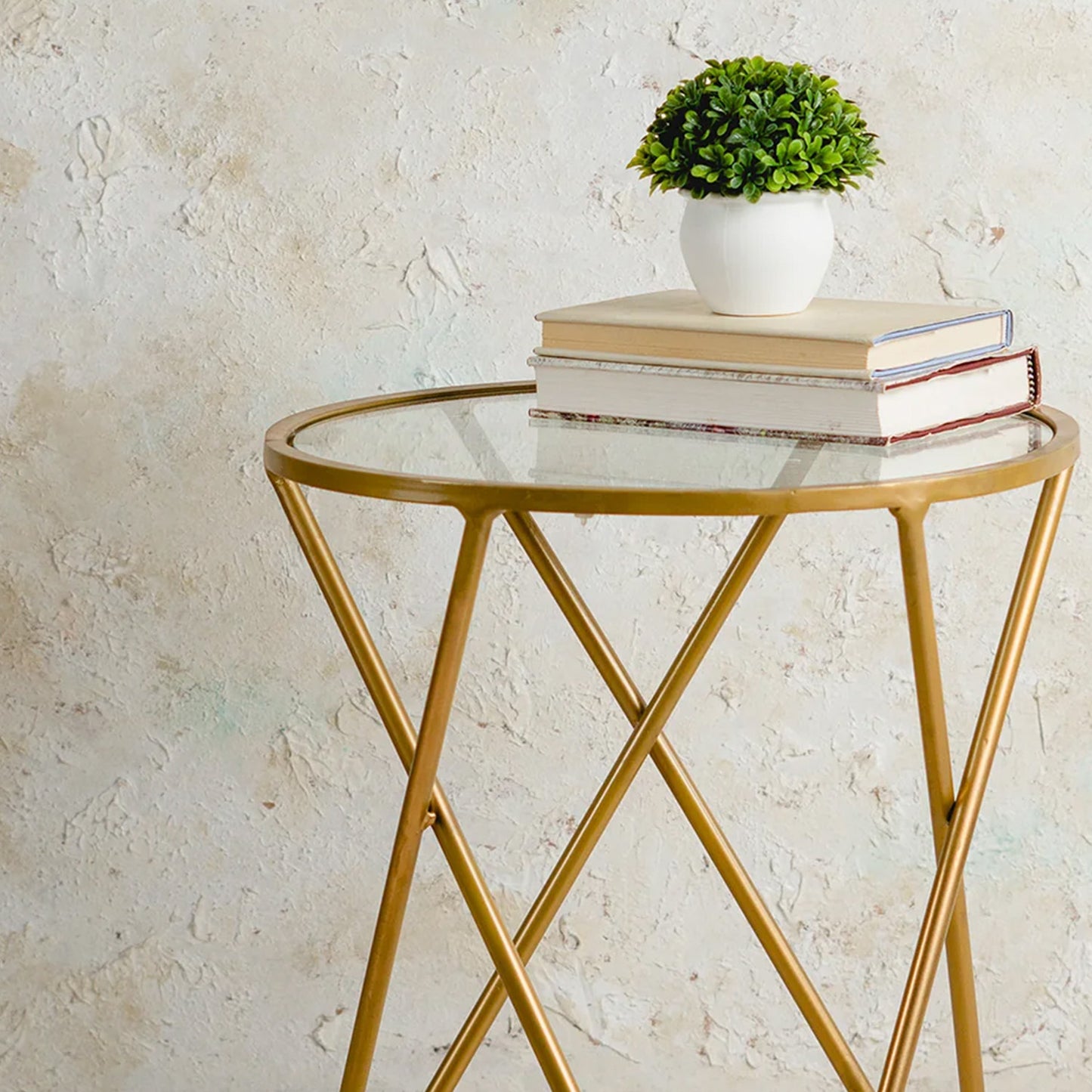 Contemporary Metallic Cross End Table in Gold Color