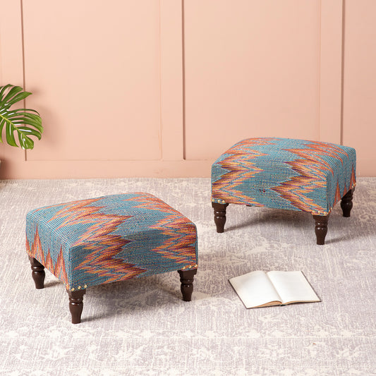 Buy Crest Jacquard Wooden Footrests in Blue Color Set of 2 Onlline