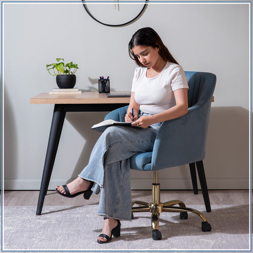 Luxurious Velvet Adjustable Office Chair With Sleek Armrest Light Blue Color | Nestroots