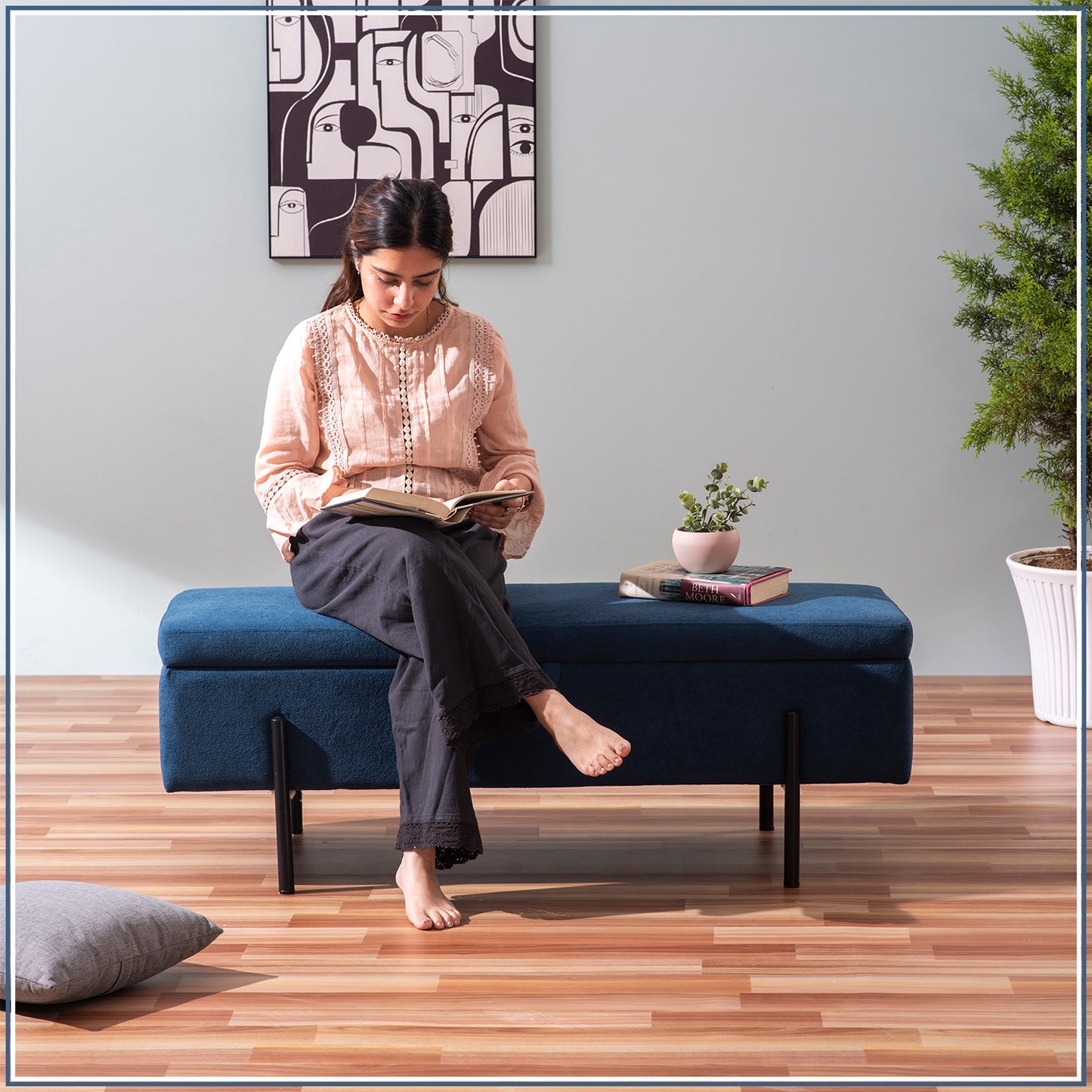 The Azure Escape Blue Ottoman Bench With Storage | Nestroots