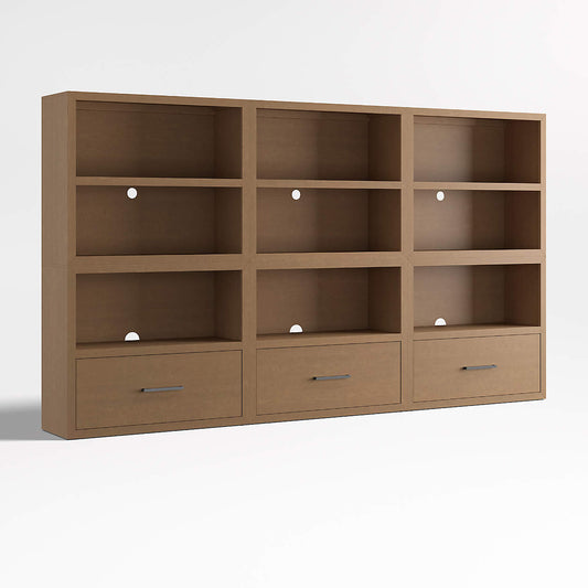 Ever Simple 108" Set of 3 Modular Natural Brown Wood Kids Open Bookcases with Drawers