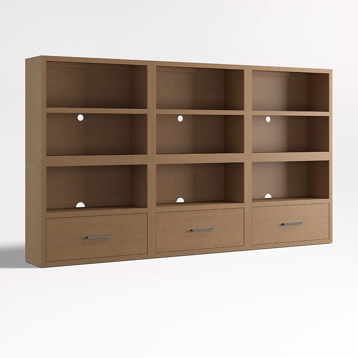 Ever Simple 108" Set of 3 Modular Natural Brown Wood Kids Open Bookcases with Drawers