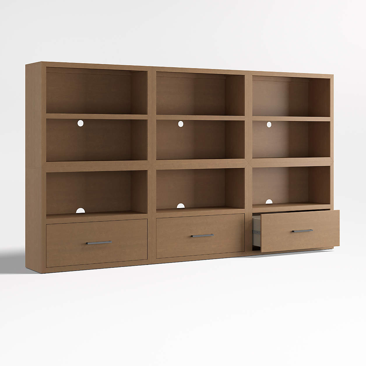 Ever Simple 108" Set of 3 Modular Natural Brown Wood Kids Open Bookcases with Drawers