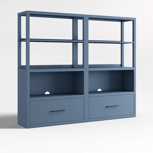 Ever Simple 72" Set of 2 Modular Slate Blue Wood Kids Drawer Bookcases with Hutches