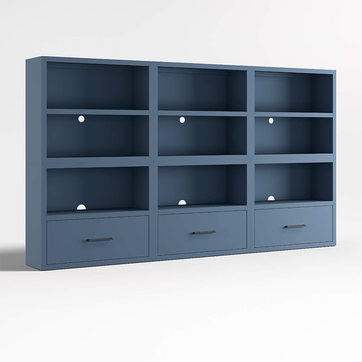 Ever Simple 108" Set of 3 Modular Slate Blue Wood Kids Open Bookcases with Drawers