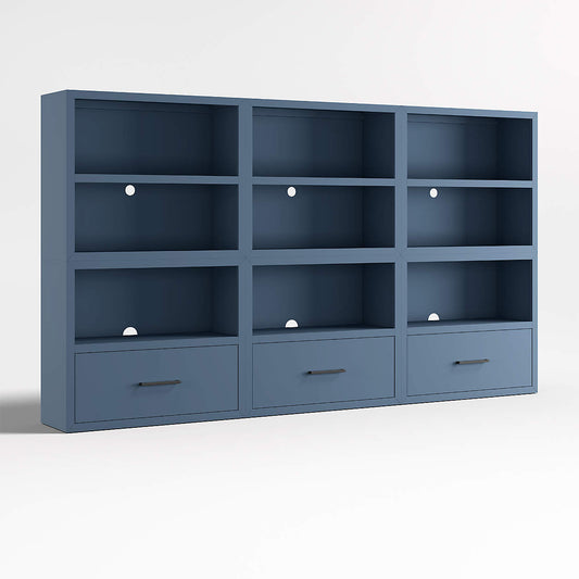 Ever Simple 108" Set of 3 Modular Slate Blue Wood Kids Open Bookcases with Drawers