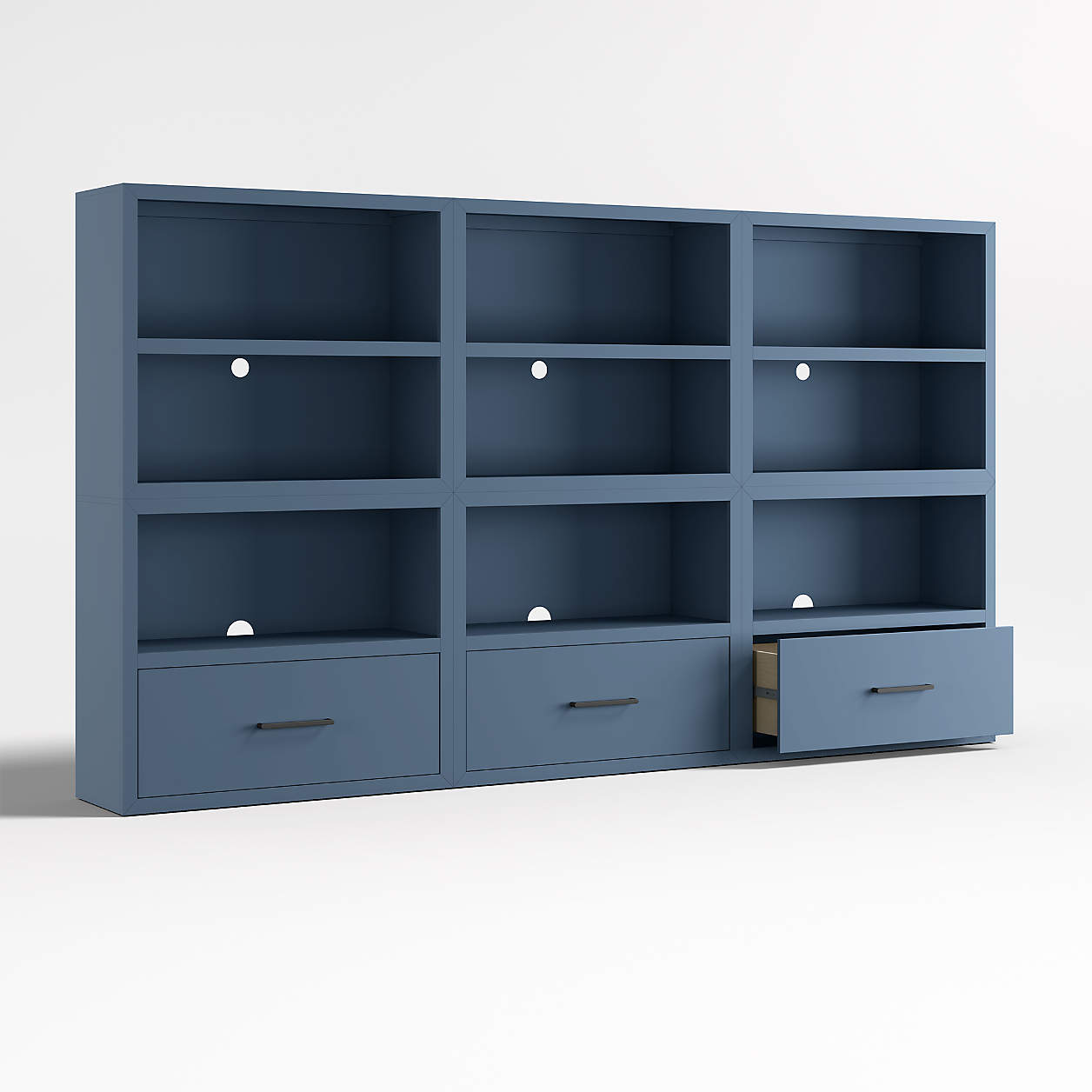 Ever Simple 108" Set of 3 Modular Slate Blue Wood Kids Open Bookcases with Drawers