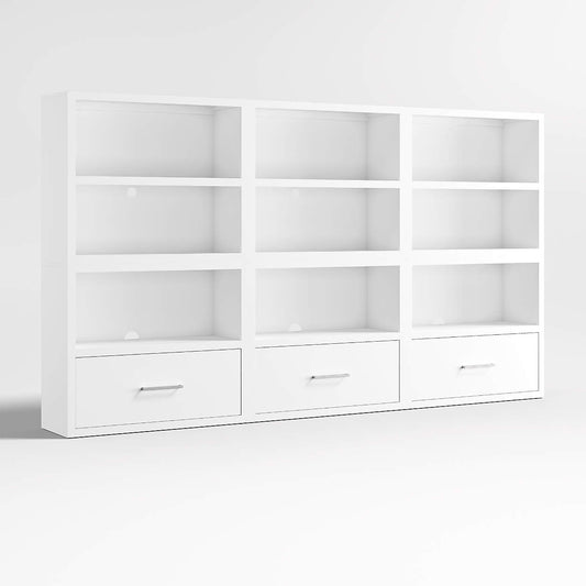 Ever Simple 108" Set of 3 Modular White Wood Kids Open Bookcases with Drawers