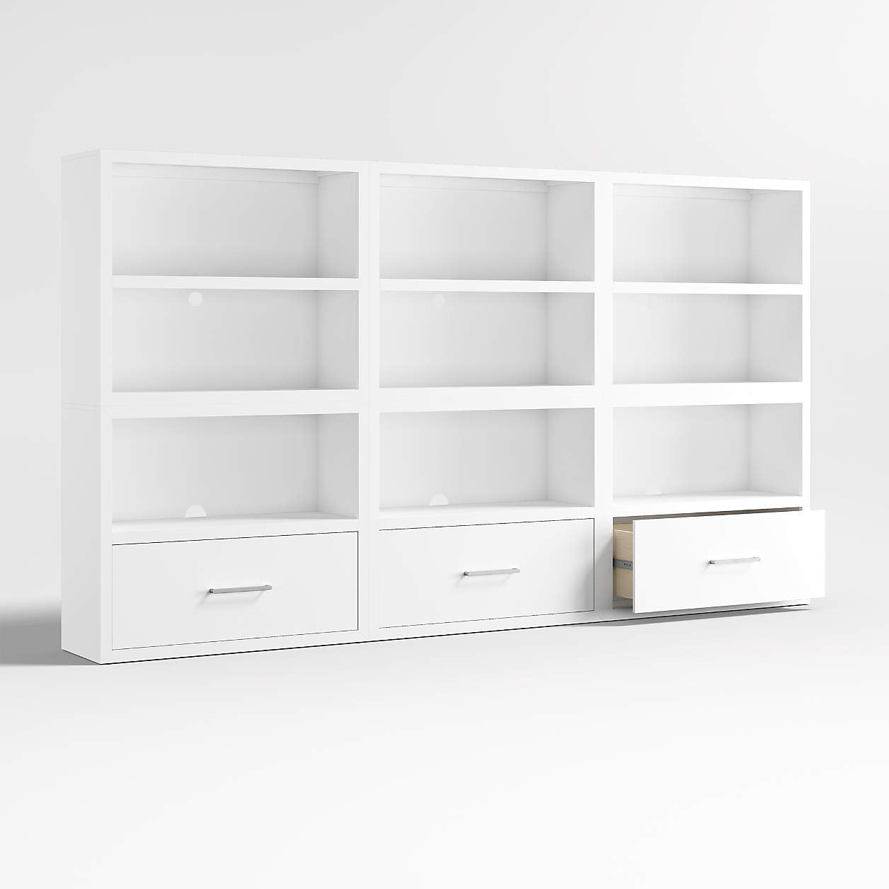 Ever Simple 108" Set of 3 Modular White Wood Kids Open Bookcases with Drawers