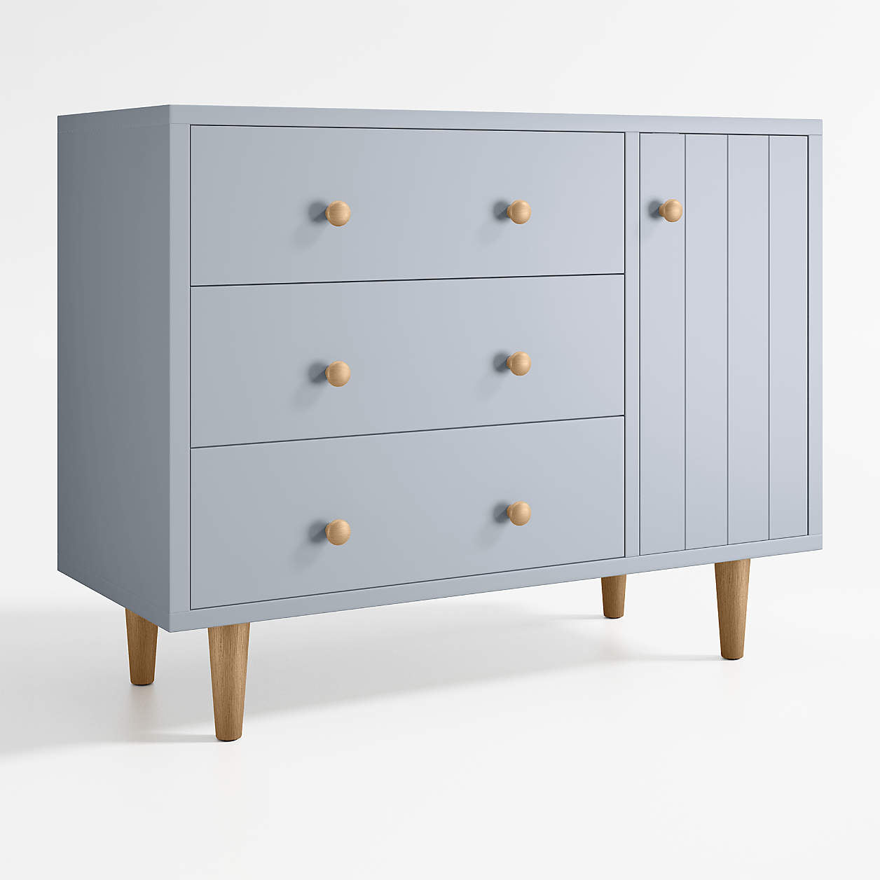 Finn 44" Narrow Mist Blue Wood 3-Drawer Kids Dresser with Door