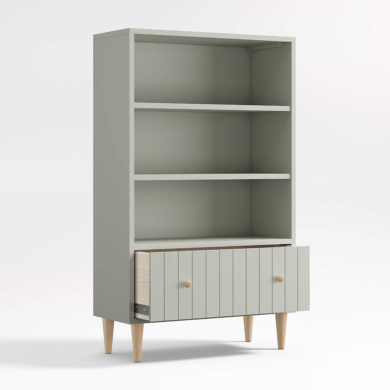 Finn 36" Sage Green Wood 3-Shelf Tall Kids Bookcase with Drawer