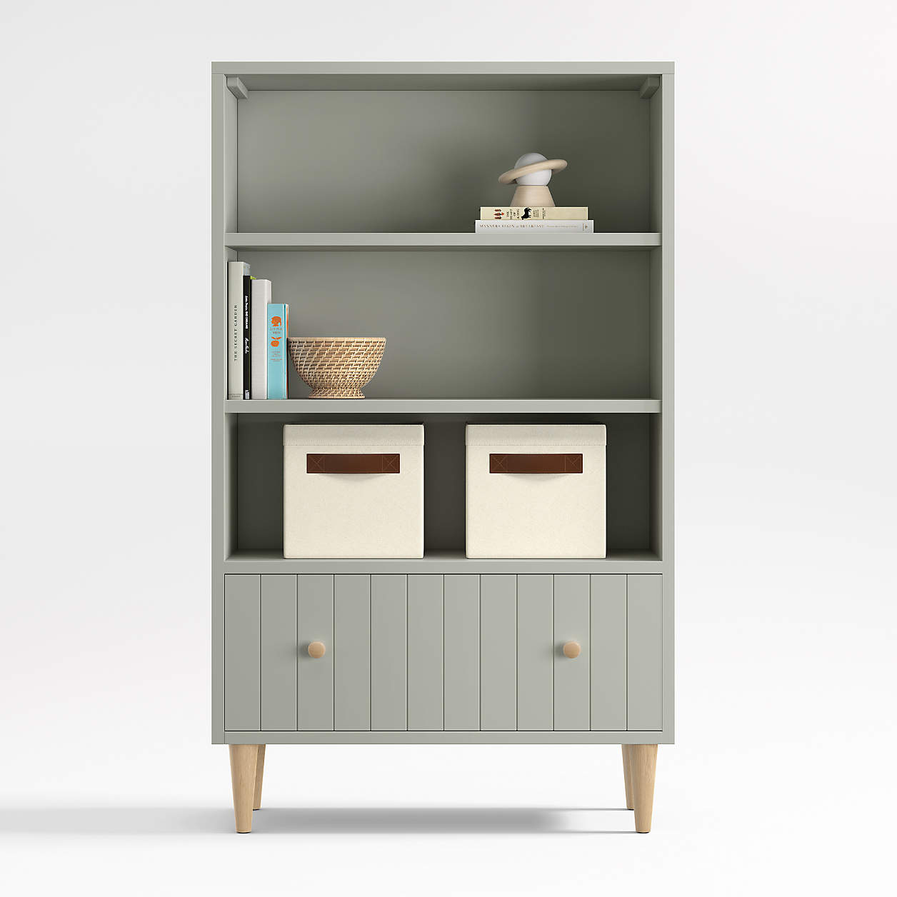 Finn 36" Sage Green Wood 3-Shelf Tall Kids Bookcase with Drawer