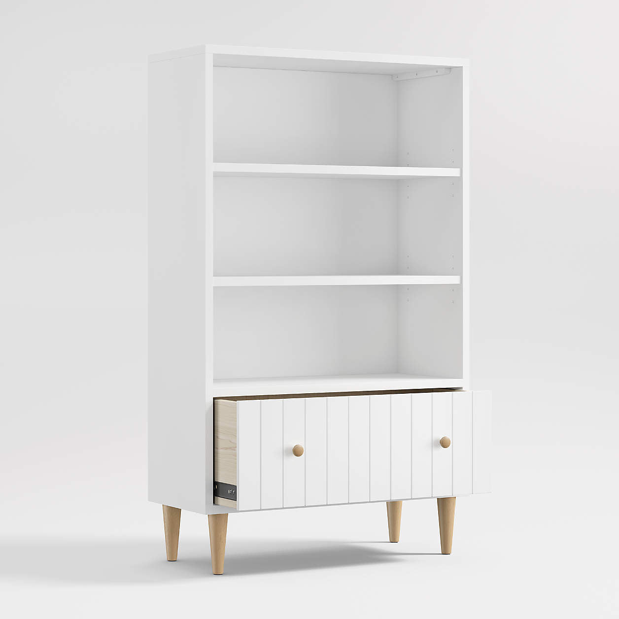 Finn 36" White Wood 3-Shelf Tall Kids Bookcase with Drawer
