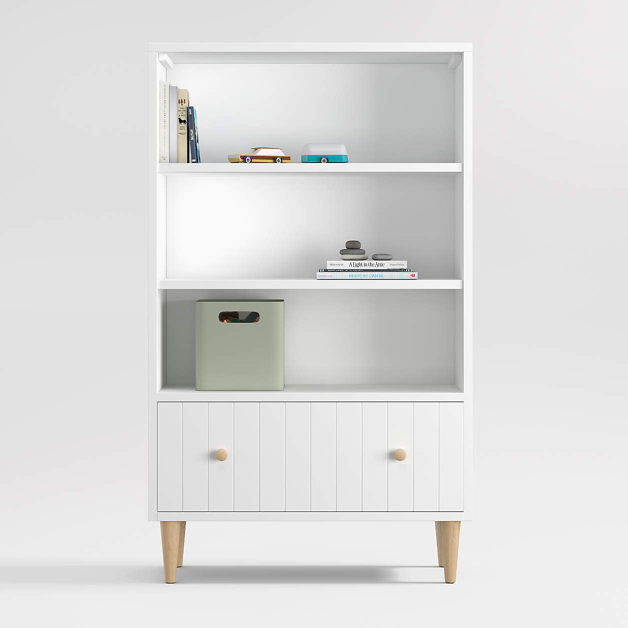Finn 36" White Wood 3-Shelf Tall Kids Bookcase with Drawer