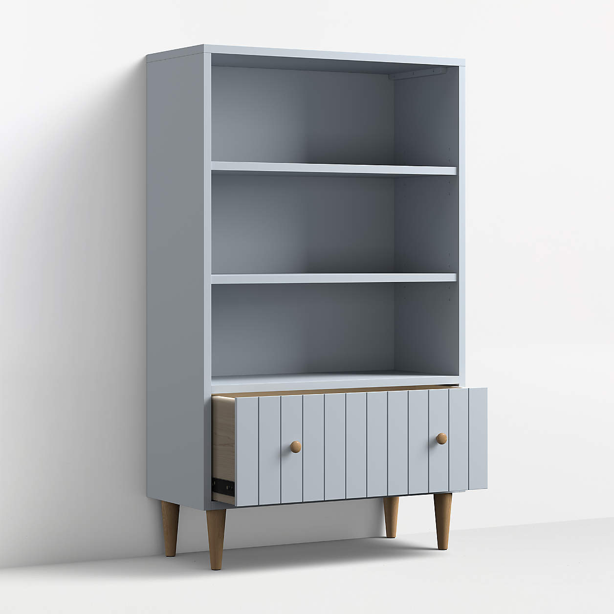 Finn 36" Mist Blue Wood 3-Shelf Tall Kids Bookcase with Drawer