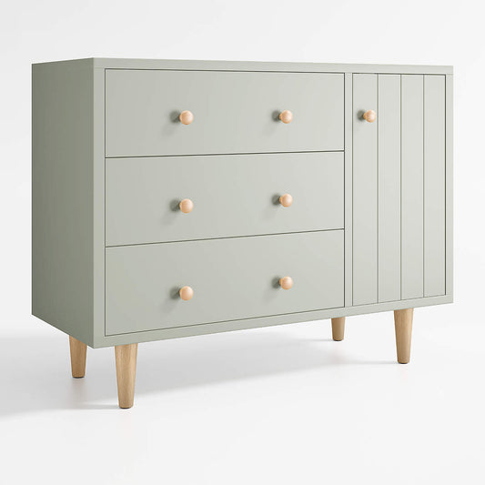 Finn 44" Narrow Sage Green Wood 3-Drawer Kids Dresser with Door