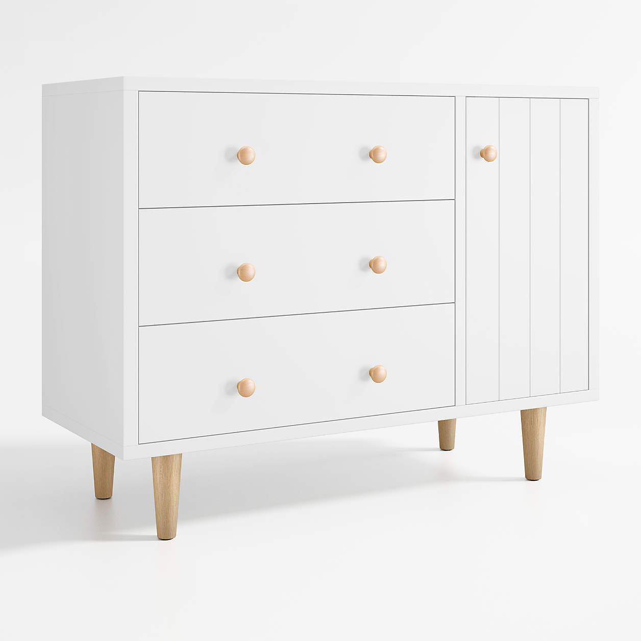 Finn 44" Narrow White Wood 3-Drawer Kids Dresser with Door