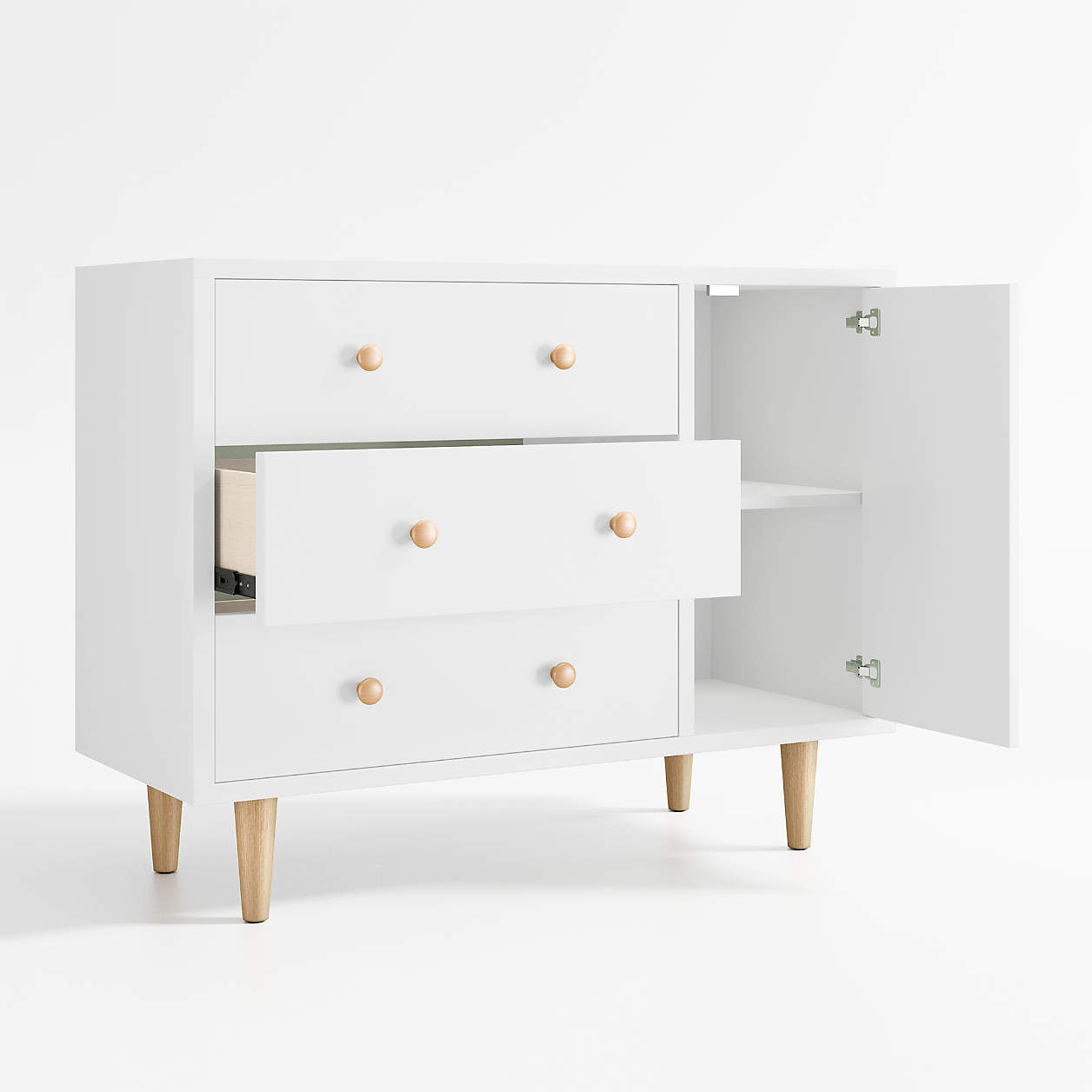 Finn 44" Narrow White Wood 3-Drawer Kids Dresser with Door