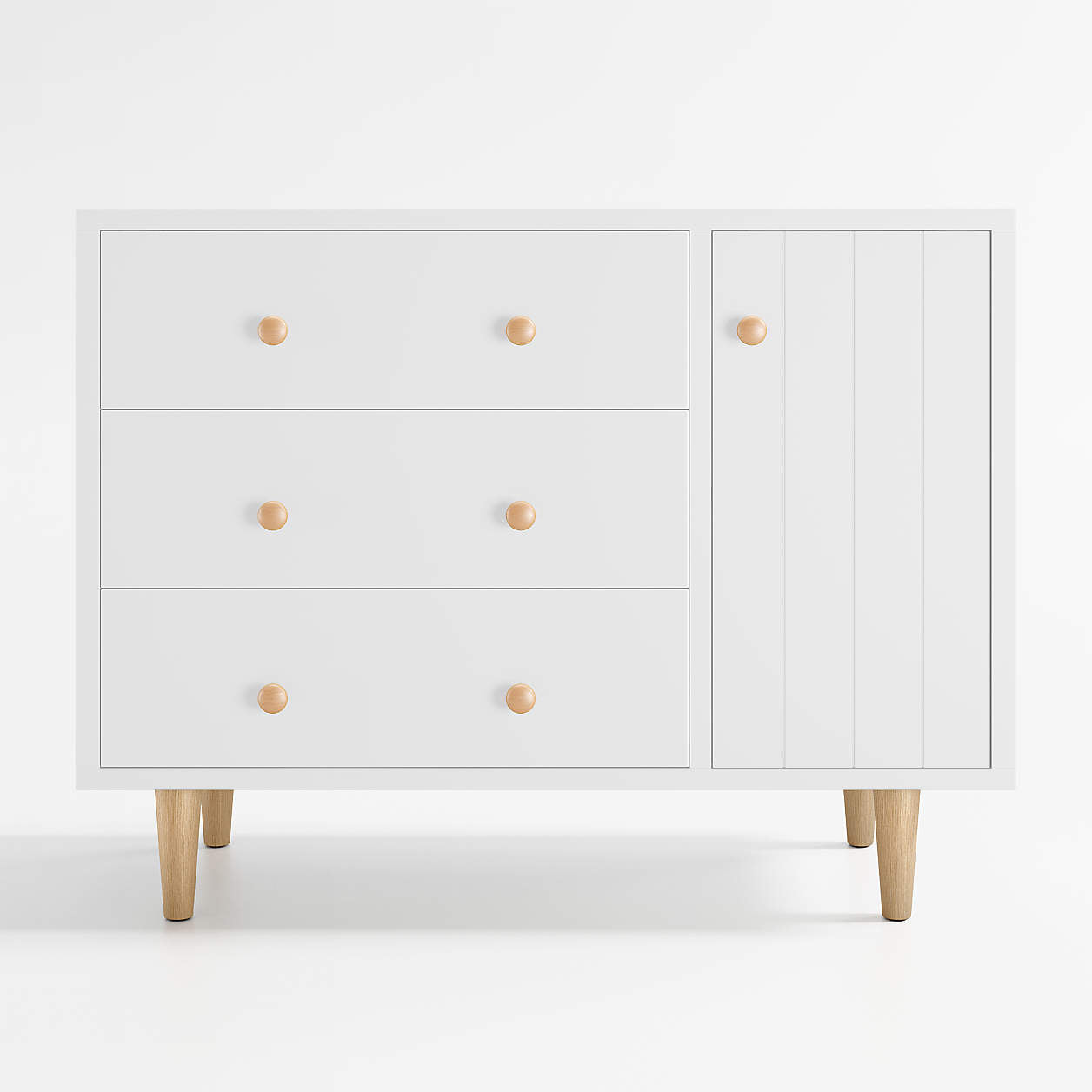 Finn 44" Narrow White Wood 3-Drawer Kids Dresser with Door