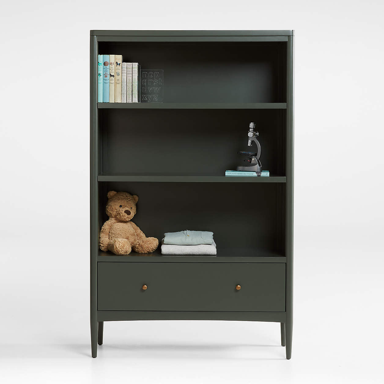 Hampshire 36" Olive Green Wood 3-Shelf Tall Kids Bookcase with Drawer