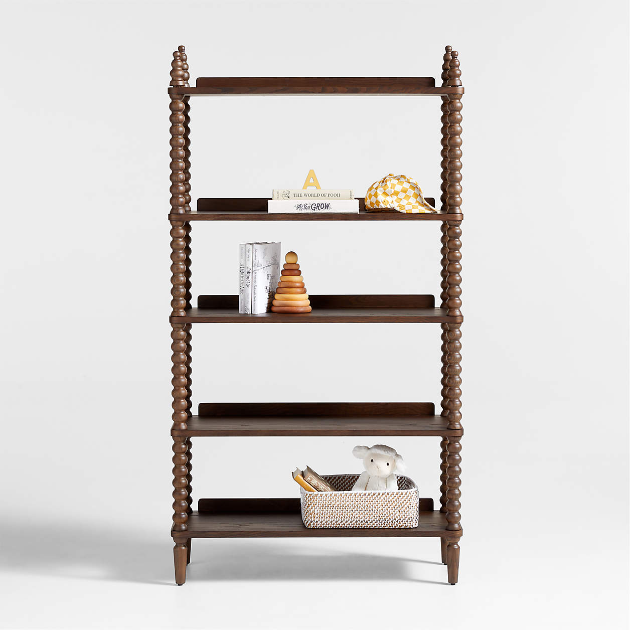 Jenny Lind 33" Deep Brown Wood Spindle 5-Shelf Tall Kids Bookcase