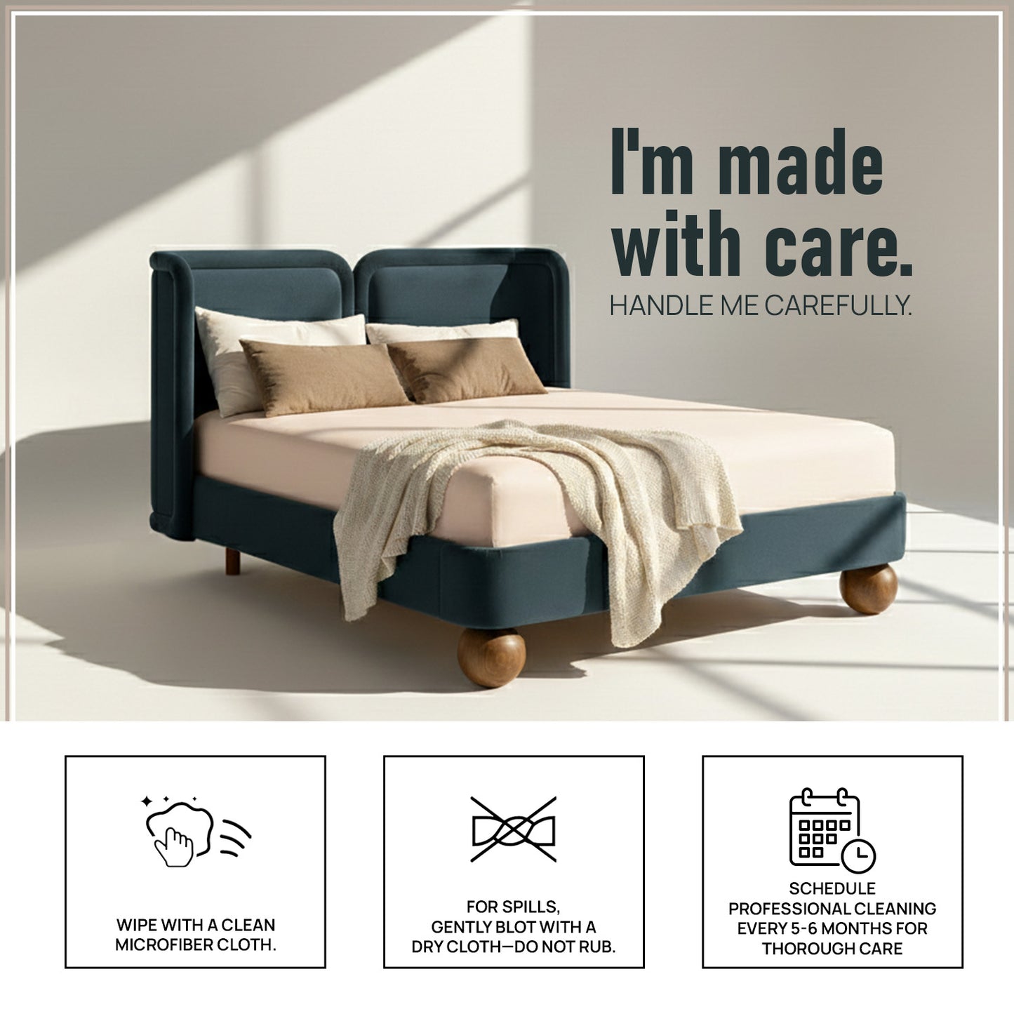 Nobella Opal Queen Size Bed in Grey Blue Velvet with Spherical Legs, Oak Wood Frame & Hydraulic Storage