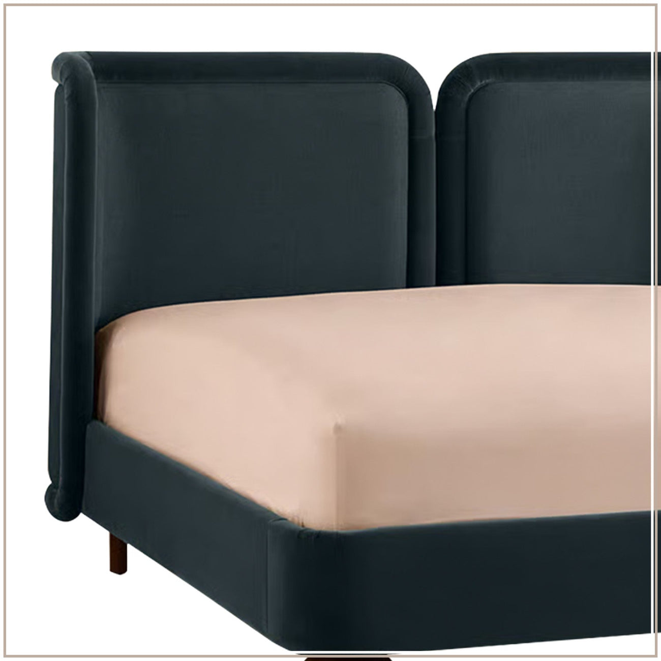 Nobella Opal Queen Size Bed in Grey Blue Velvet with Spherical Legs, Oak Wood Frame & Hydraulic Storage