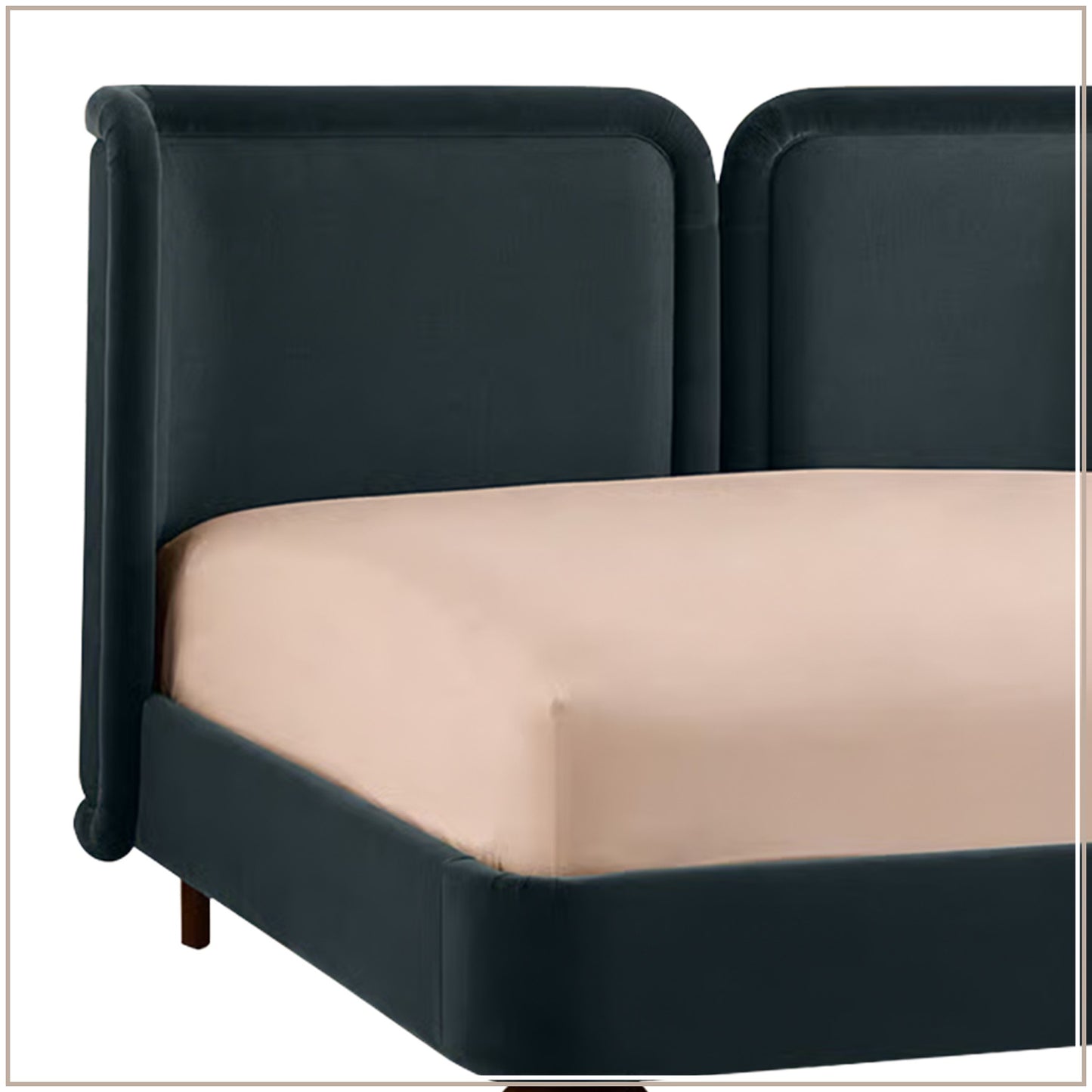 Nobella Opal Queen Size Bed in Grey Blue Velvet with Spherical Legs, Oak Wood Frame & Hydraulic Storage