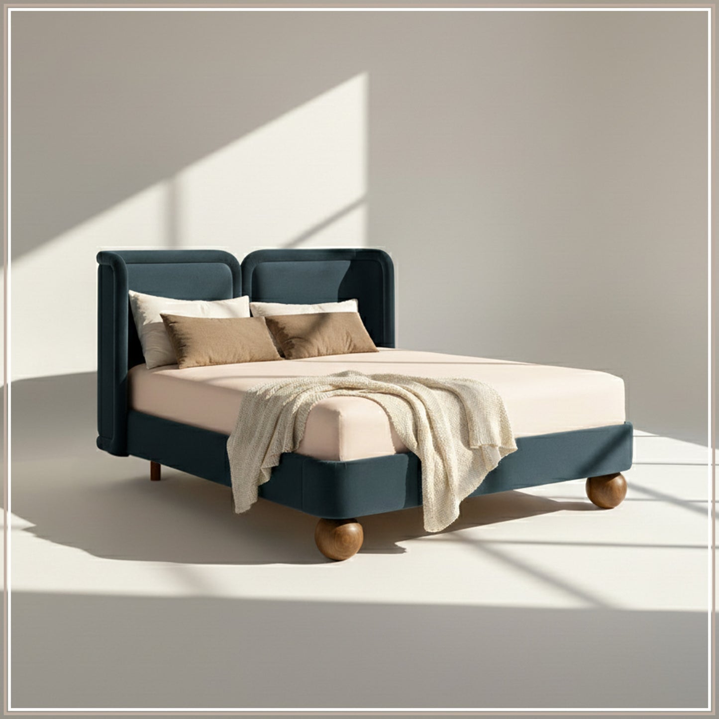 Nobella Opal Queen Size Bed in Grey Blue Velvet with Spherical Legs, Oak Wood Frame & Hydraulic Storage