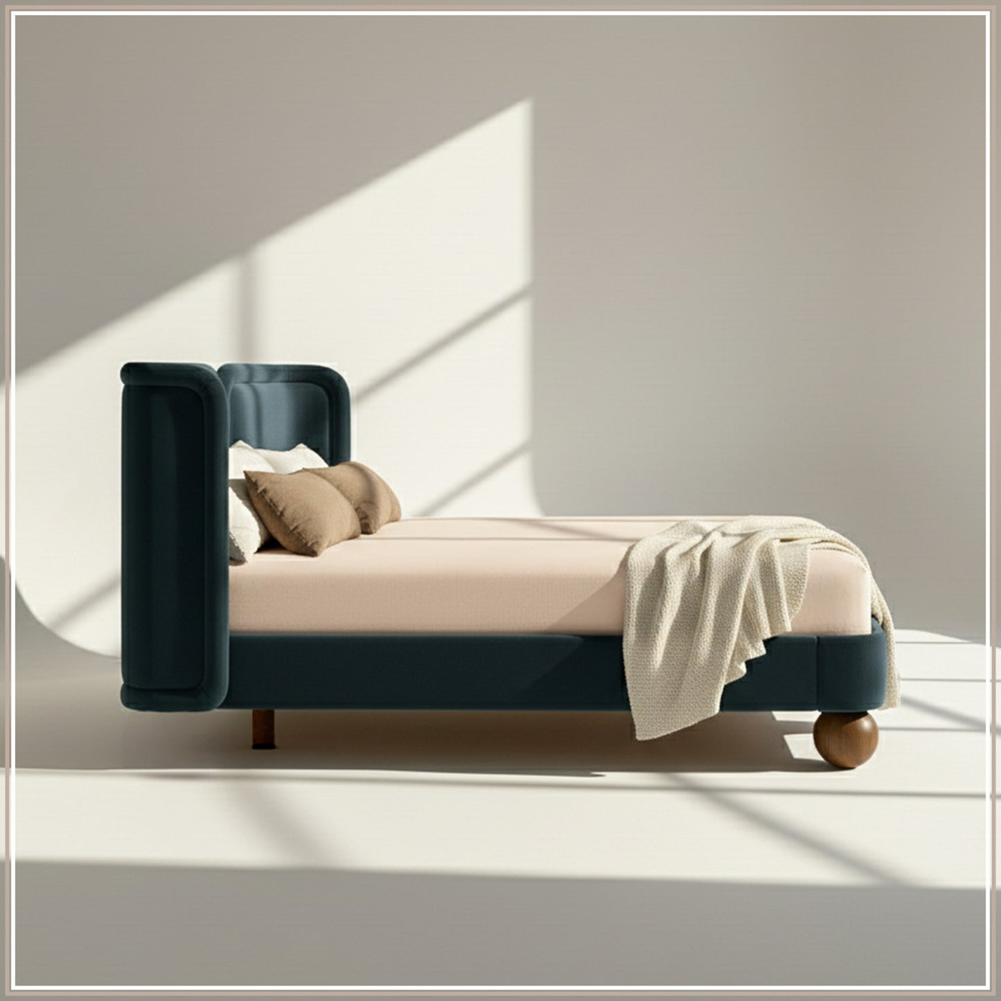 Nobella Opal Queen Size Bed in Grey Blue Velvet with Spherical Legs, Oak Wood Frame & Hydraulic Storage