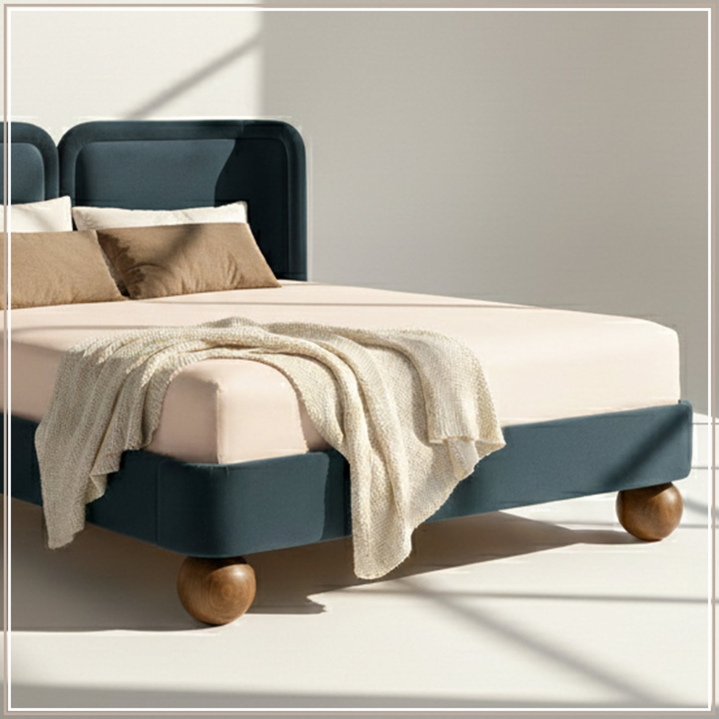 Nobella Opal Queen Size Bed in Grey Blue Velvet with Spherical Legs, Oak Wood Frame & Hydraulic Storage