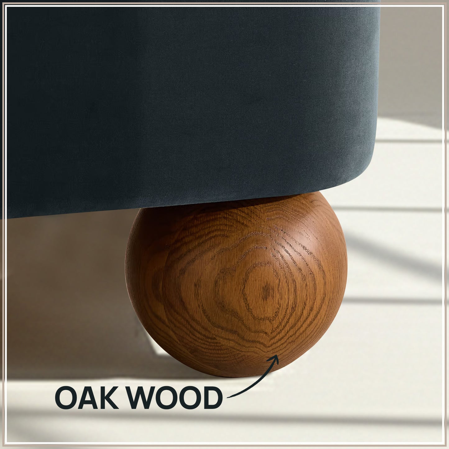 Nobella Opal Queen Size Bed in Grey Blue Velvet with Spherical Legs, Oak Wood Frame & Hydraulic Storage