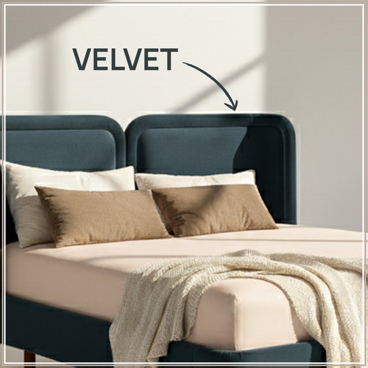 Nobella Opal Queen Size Bed in Grey Blue Velvet with Spherical Legs, Oak Wood Frame & Hydraulic Storage