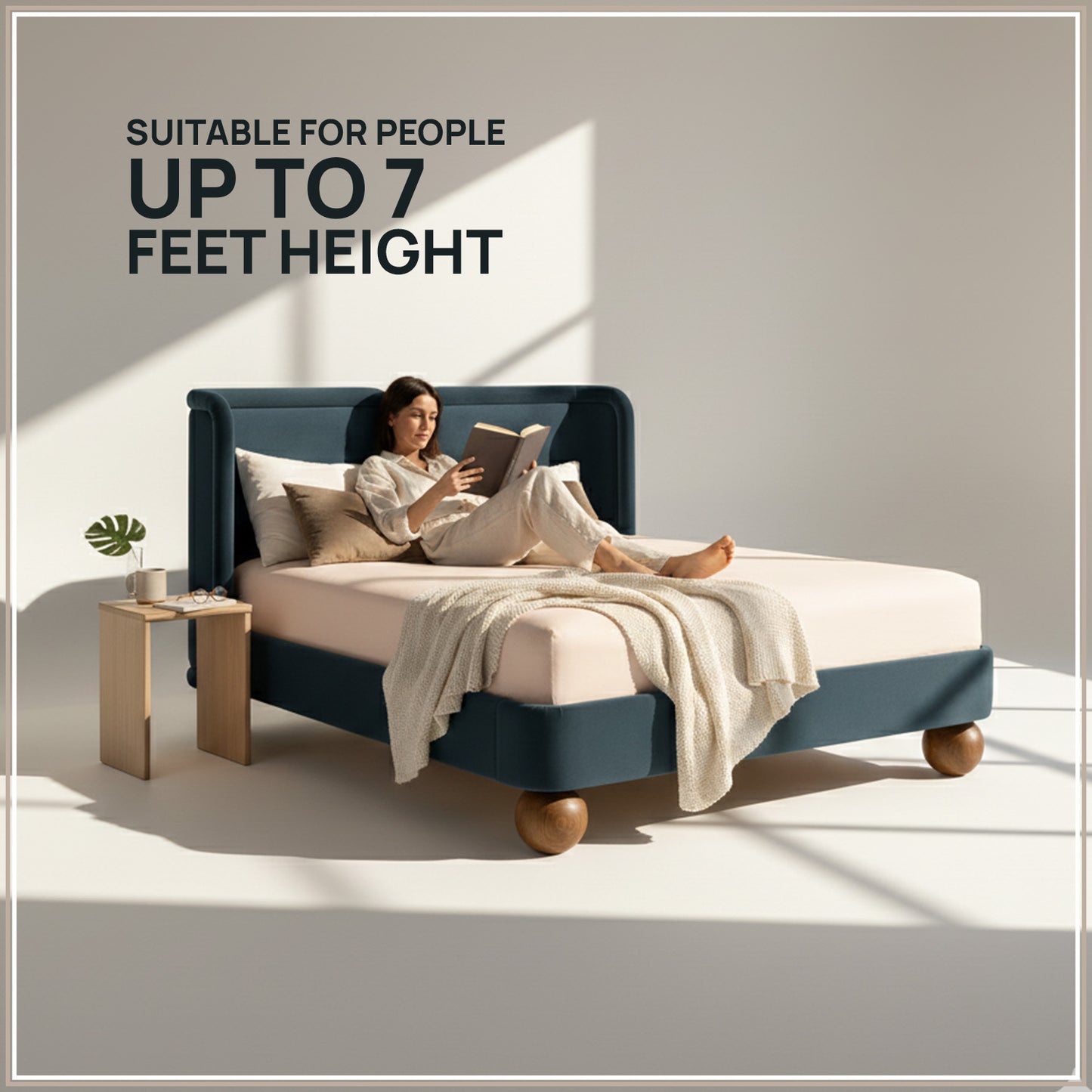 Nobella Opal Queen Size Bed in Grey Blue Velvet with Spherical Legs, Oak Wood Frame & Hydraulic Storage