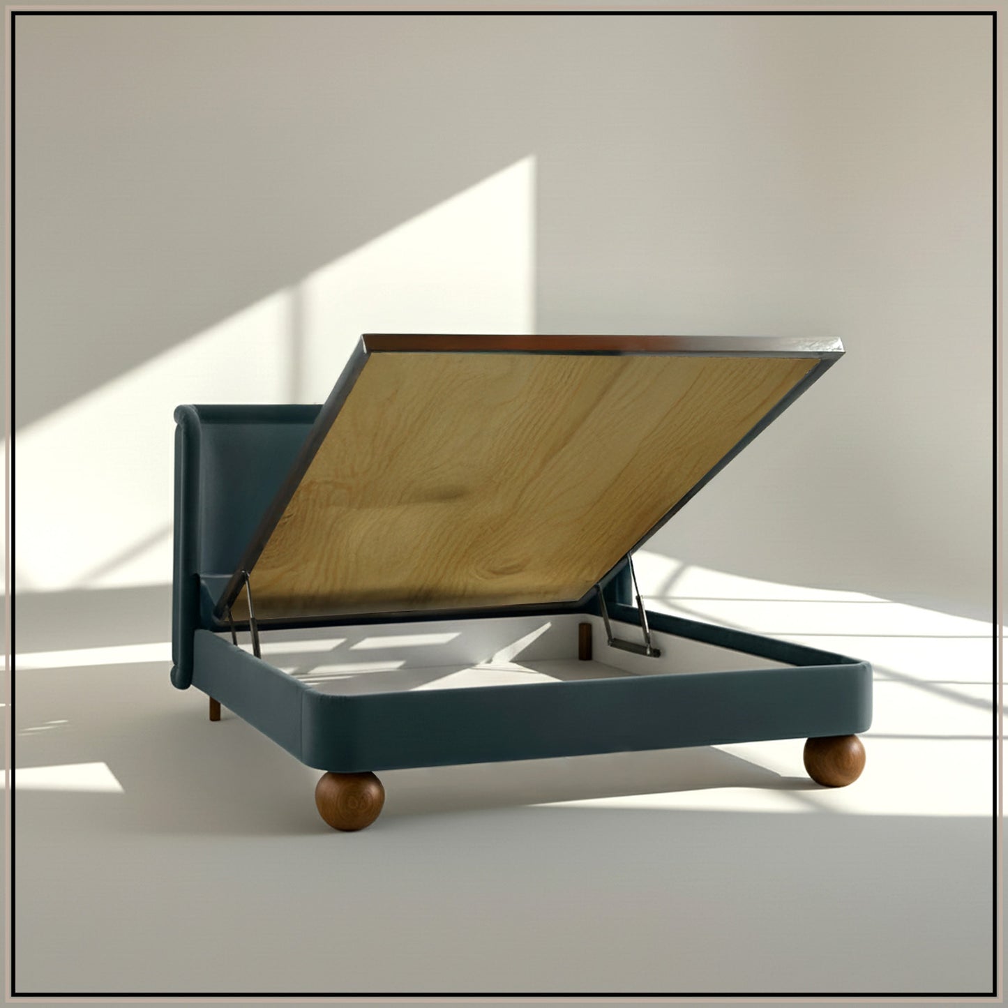 Nobella Opal King Size Bed in Grey Blue Velvet with Spherical Legs, Oak Wood Frame & Hydraulic Storage